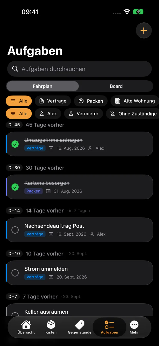 58 Aufgaben, am Umzugstag ausgerichtet