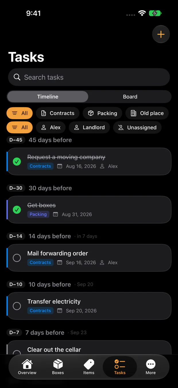 58 tasks lined up with moving day