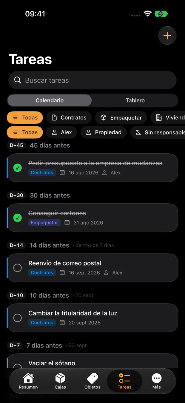58 tareas alineadas con el día de la mudanza