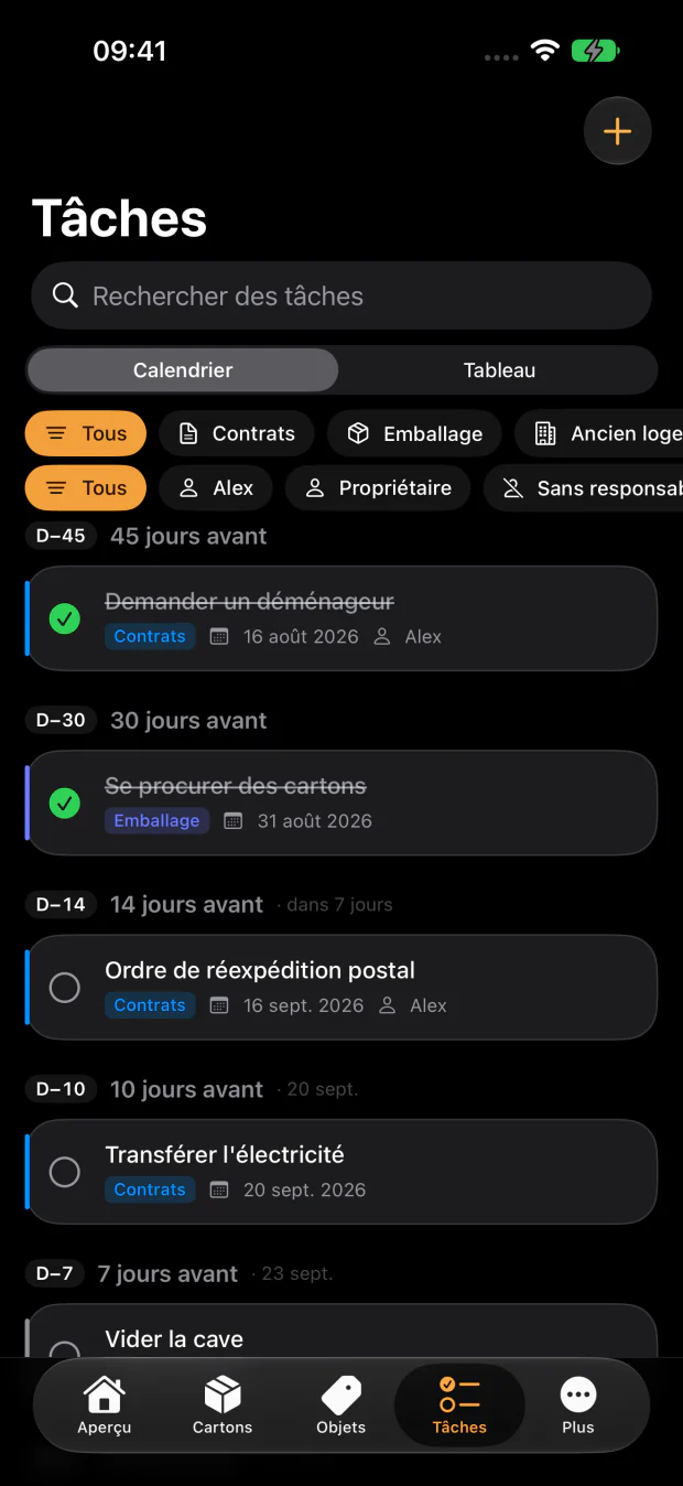 58 tâches calées sur le jour du déménagement