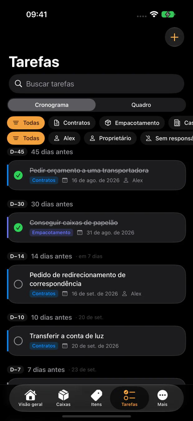 58 tarefas alinhadas ao dia da mudança